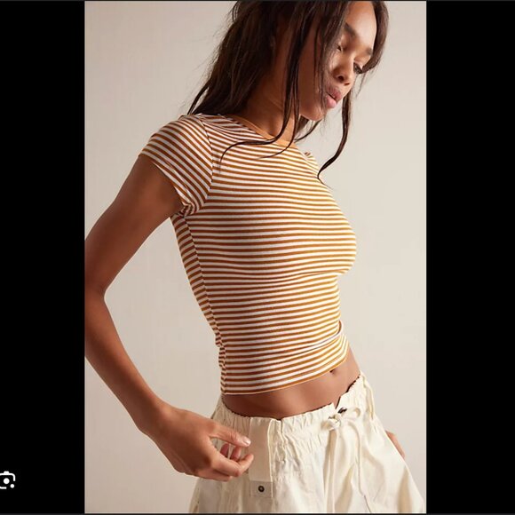Free People "Morning Pages" Baby Tee Brown Stripe - Picture 1 of 4